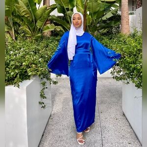 Blue Satin Bell Sleeve Satin Dress